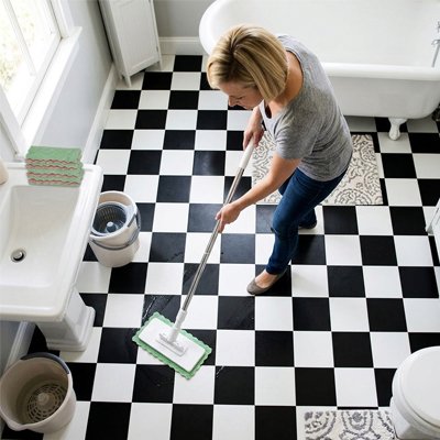 Balai microfibre compact rangé derrière une porte